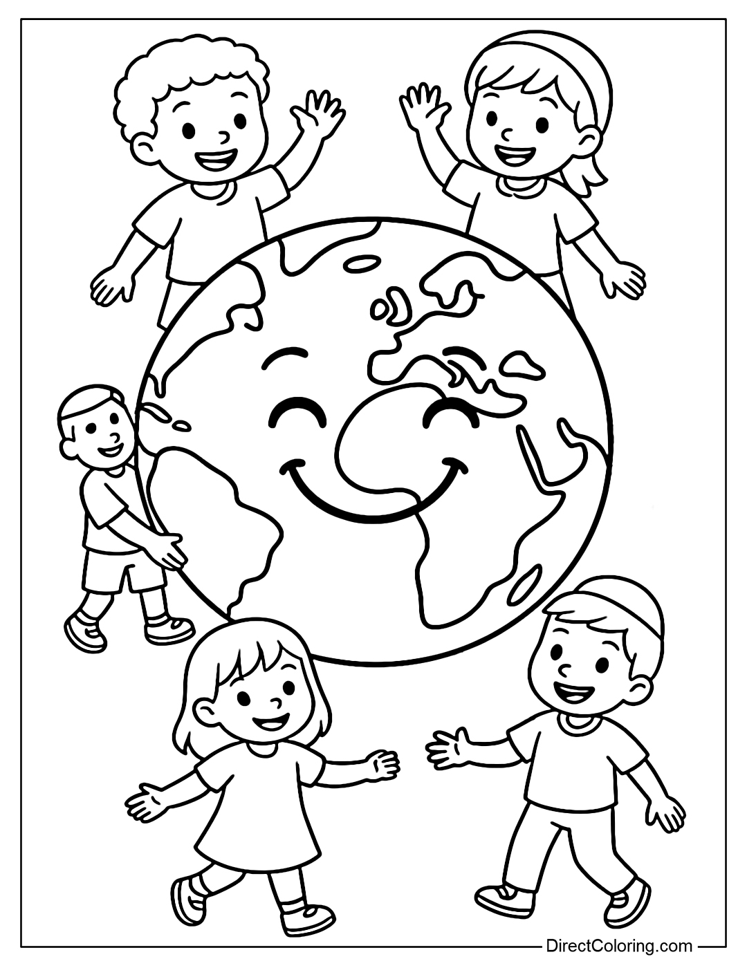 A smiling globe coloring page with kids standing around waving their hands.